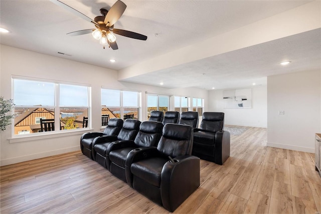 home theater with recessed lighting, visible vents, light wood-style flooring, and baseboards