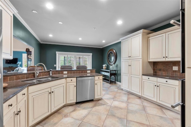 kitchen featuring stainless steel dishwasher, dark stone countertops, light tile floors, backsplash, and cream cabinets