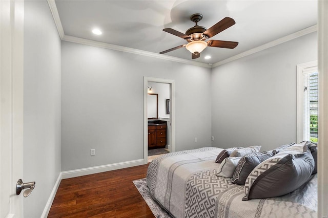 bedroom featuring ensuite bath, ornamental molding, ceiling fan, and dark hardwood / wood-style floors