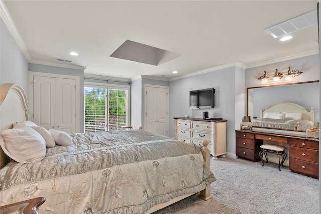 carpeted bedroom with ornamental molding