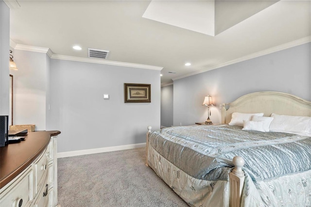 bedroom featuring ornamental molding and light carpet