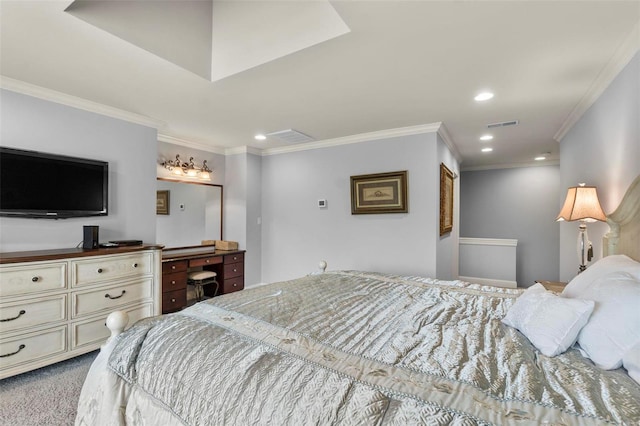 carpeted bedroom featuring crown molding