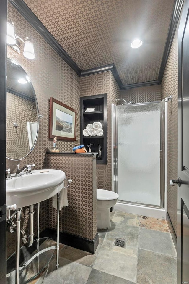 bathroom with a shower with shower door, toilet, tile flooring, and ornamental molding