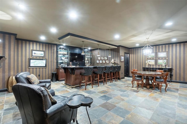 living room with bar area and light tile floors