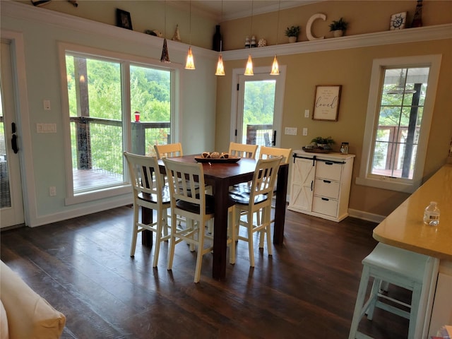 dining space with ornamental molding and dark wood-type flooring