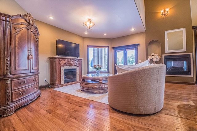 living room featuring a fireplace and light wood-type flooring