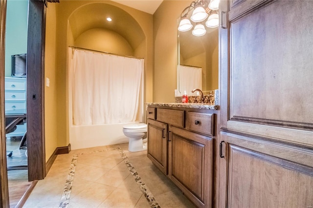 full bathroom featuring shower / tub combo, toilet, tile floors, and vanity