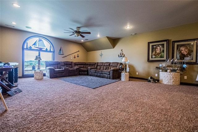 interior space featuring ceiling fan and carpet flooring