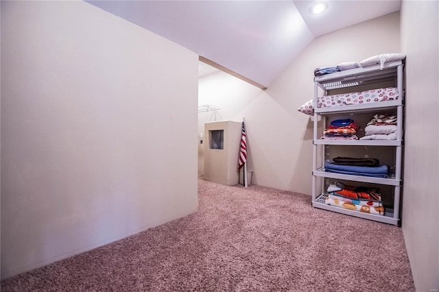 interior space with light carpet and vaulted ceiling