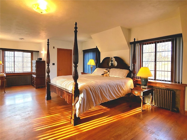 bedroom featuring wood-type flooring, radiator heating unit, and multiple windows