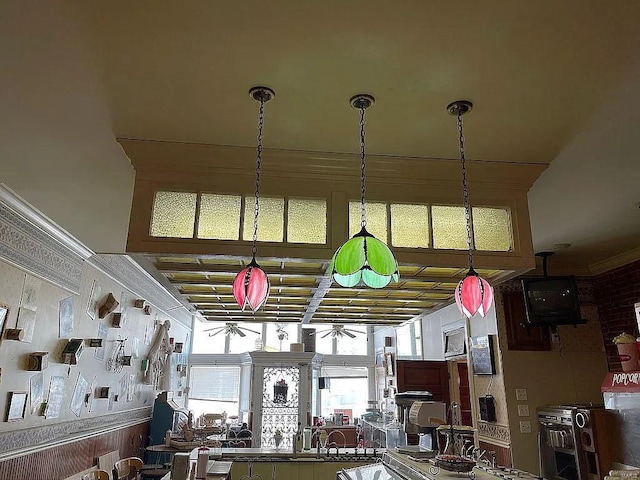 interior space with hanging light fixtures