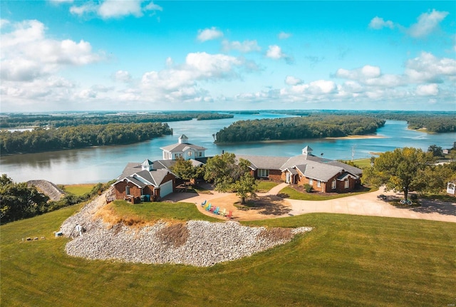 aerial view featuring a water view