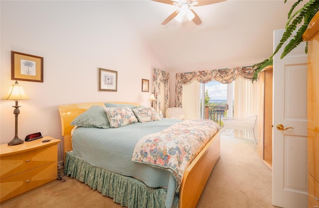 bedroom with ceiling fan, access to exterior, and light colored carpet