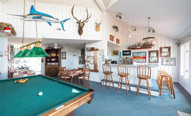 playroom featuring pool table, ceiling fan, carpet floors, high vaulted ceiling, and beam ceiling