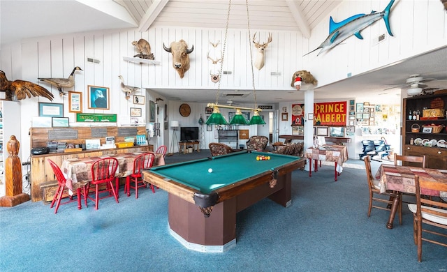 rec room featuring ceiling fan, lofted ceiling with beams, dark carpet, and pool table