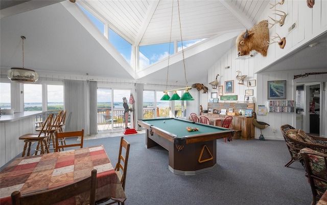 rec room with plenty of natural light, billiards, dark carpet, and high vaulted ceiling