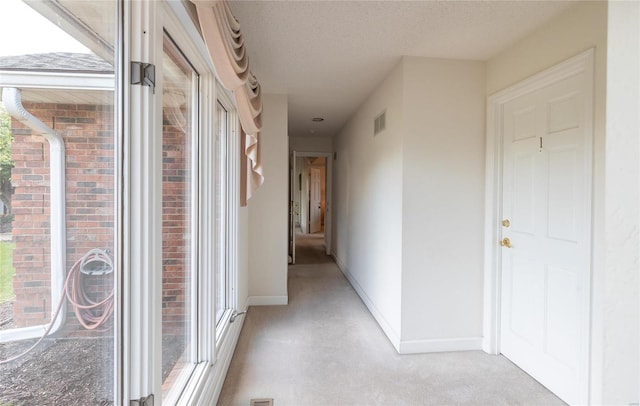 hall featuring plenty of natural light and a textured ceiling