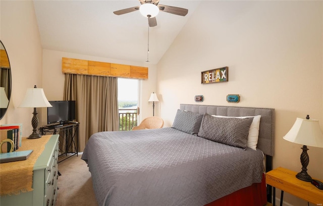 bedroom with high vaulted ceiling, access to exterior, ceiling fan, and dark carpet