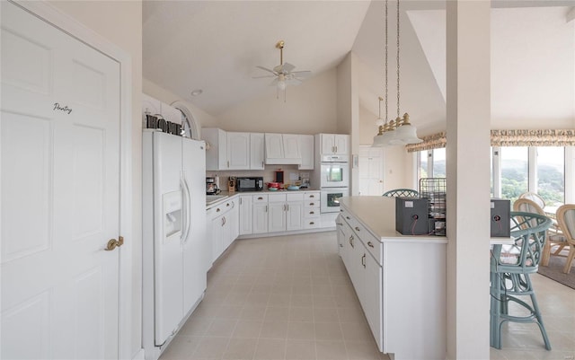 kitchen with white cabinetry, ceiling fan, light tile flooring, white appliances, and high vaulted ceiling