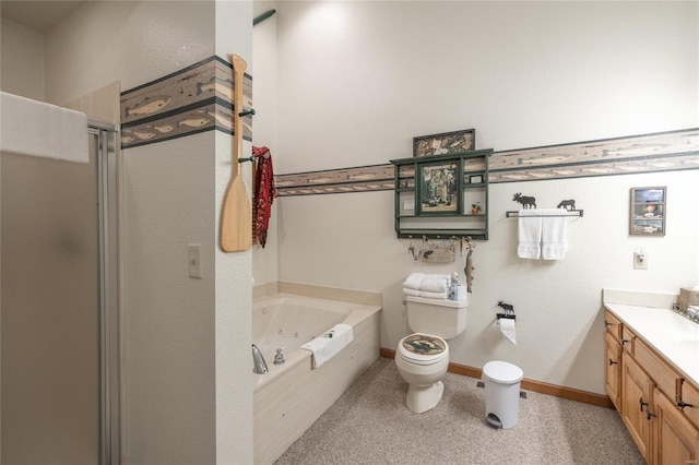 full bathroom featuring separate shower and tub, toilet, and vanity