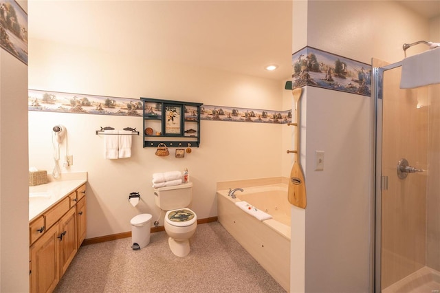 full bathroom featuring shower with separate bathtub, toilet, and vanity