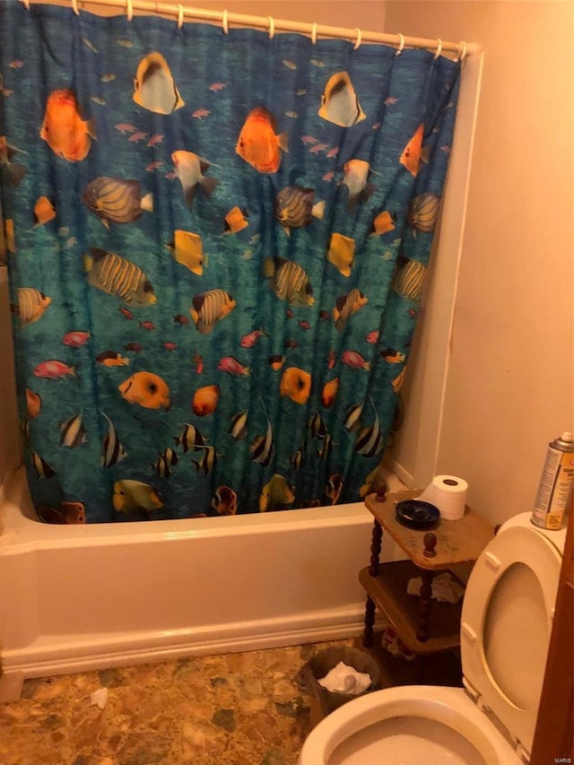 bathroom featuring toilet and shower / bathtub combination with curtain