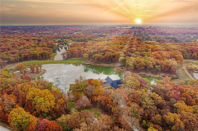 aerial view at dusk with a water view