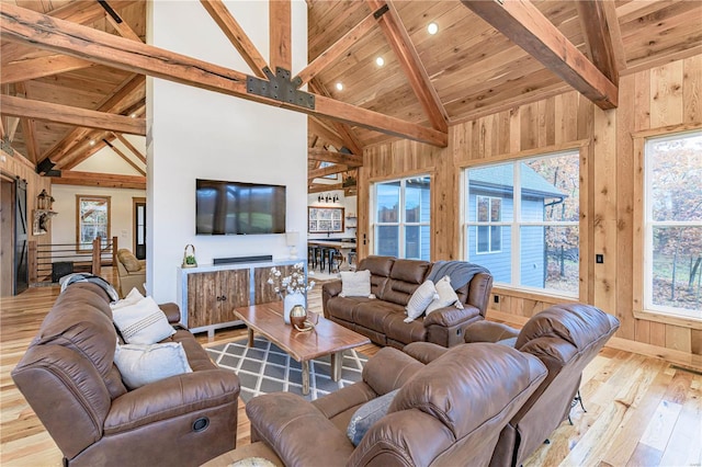 living room featuring wood walls, high vaulted ceiling, beam ceiling, light hardwood / wood-style floors, and wood ceiling