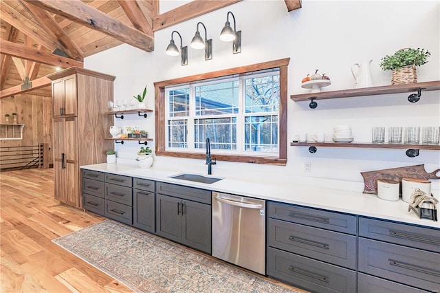 kitchen featuring vaulted ceiling with beams, light wood-type flooring, dishwasher, wooden ceiling, and sink