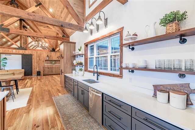 kitchen with beamed ceiling, light hardwood / wood-style flooring, wooden walls, sink, and stainless steel dishwasher