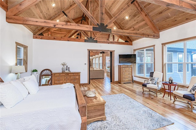 bedroom featuring wood ceiling, high vaulted ceiling, beamed ceiling, and light hardwood / wood-style flooring