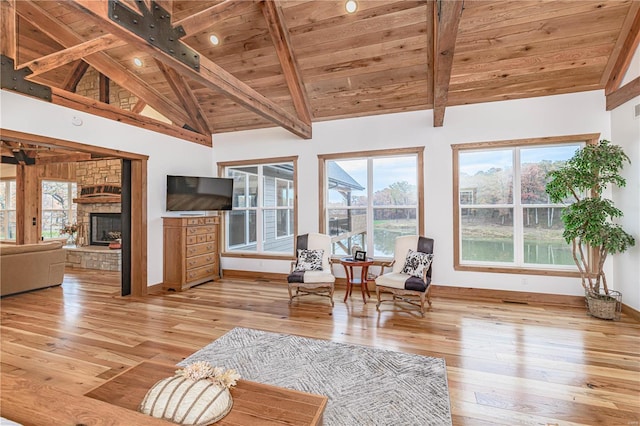 living room with a fireplace, hardwood / wood-style flooring, high vaulted ceiling, beamed ceiling, and wood ceiling