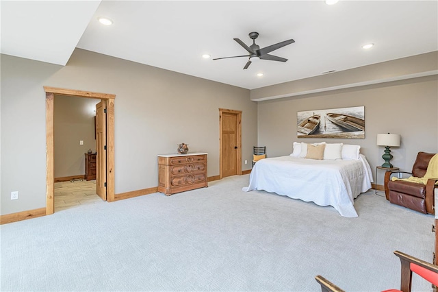 carpeted bedroom with ceiling fan