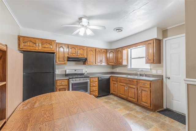 kitchen with exhaust hood, ceiling fan, black appliances, light tile floors, and ornamental molding