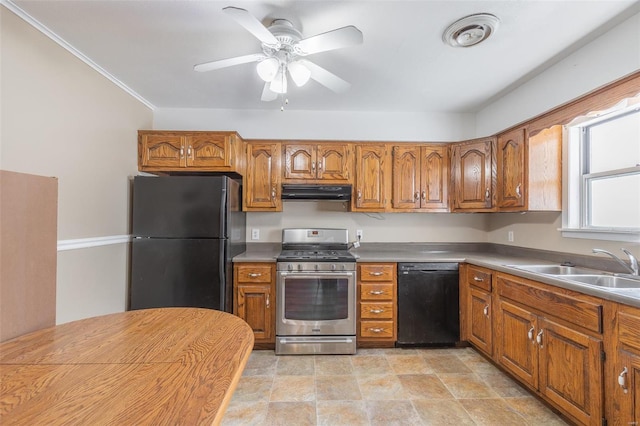 kitchen with ceiling fan, black appliances, extractor fan, sink, and light tile floors