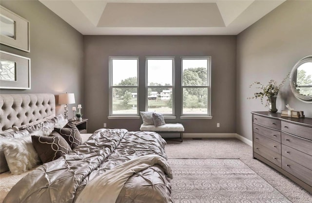 bedroom with light carpet and a raised ceiling