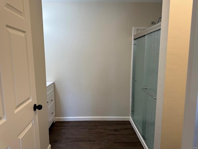 bathroom with vanity, a shower with shower door, and hardwood / wood-style flooring