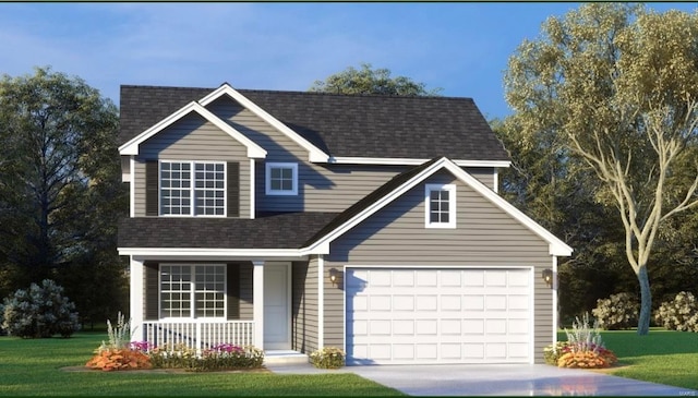 view of front of house featuring a porch, a front yard, and a garage