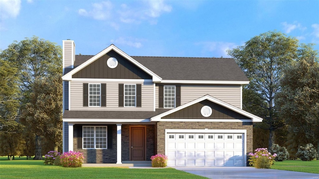 view of front of home featuring driveway, an attached garage, a chimney, and a front lawn