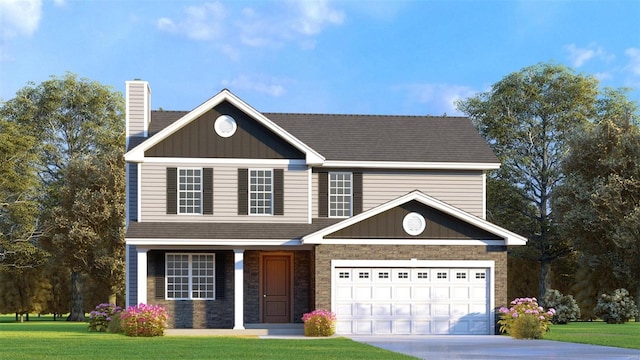 view of front of home featuring driveway, an attached garage, a chimney, and a front lawn