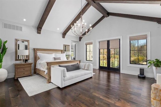 bedroom with beamed ceiling, high vaulted ceiling, access to outside, an inviting chandelier, and dark hardwood / wood-style floors