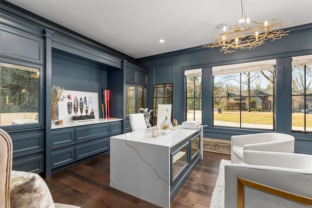 interior space with a chandelier, decorative light fixtures, light stone counters, a center island, and dark hardwood / wood-style floors