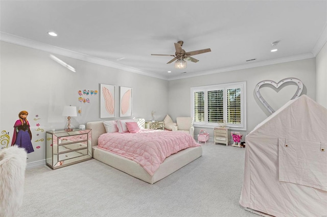 bedroom with crown molding, carpet, and ceiling fan