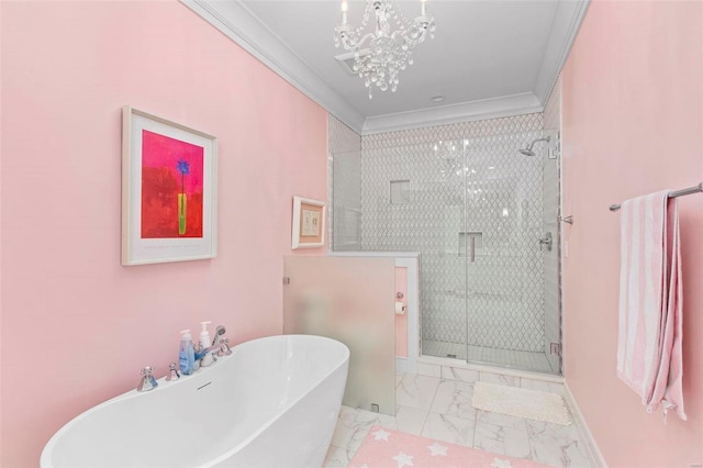 bathroom with crown molding and independent shower and bath