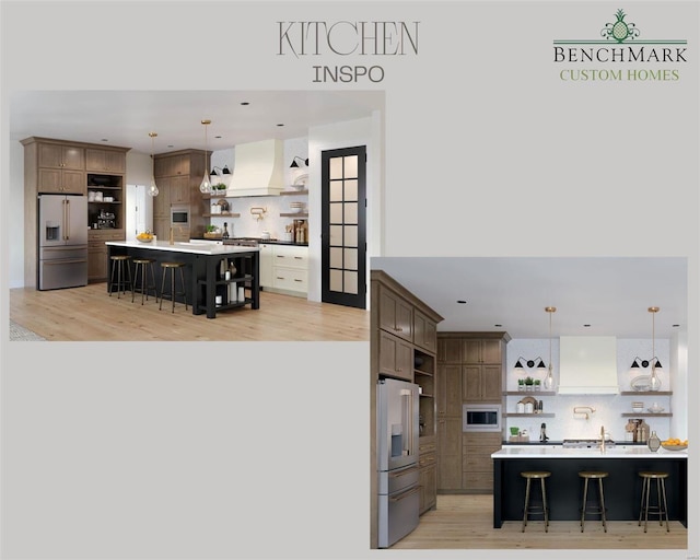 kitchen with built in microwave, high quality fridge, a kitchen bar, and a spacious island