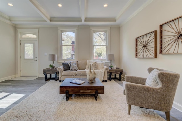 living room with beamed ceiling, hardwood / wood-style flooring, and crown molding