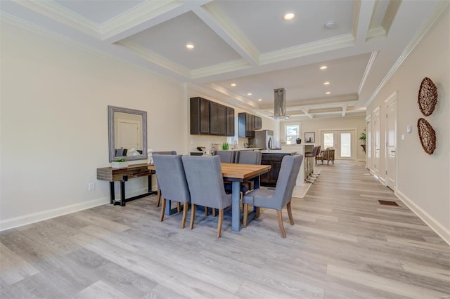 dining room with beamed ceiling, light hardwood / wood-style flooring, french doors, and crown molding