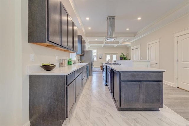 kitchen with a kitchen island, light tile floors, coffered ceiling, ornamental molding, and sink