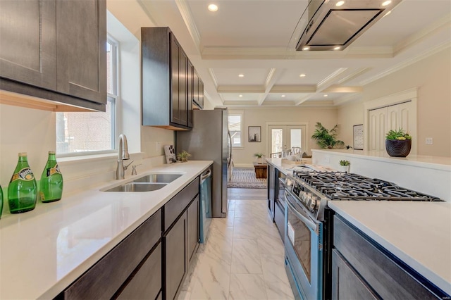 kitchen with dark brown cabinets, stainless steel appliances, light tile flooring, coffered ceiling, and sink