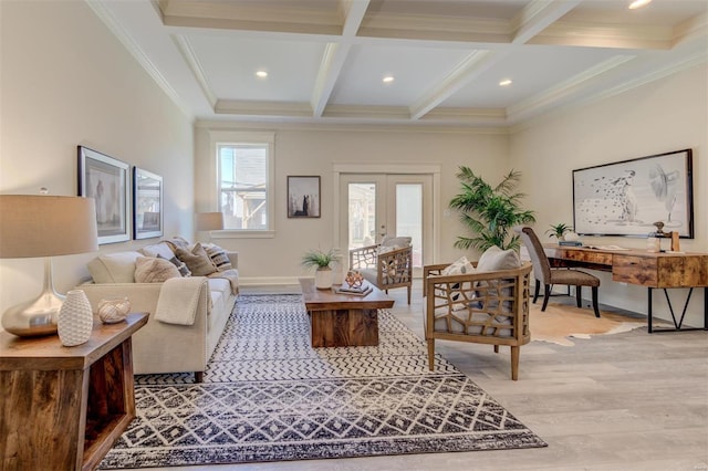 living room featuring crown molding, french doors, light hardwood / wood-style flooring, beamed ceiling, and coffered ceiling